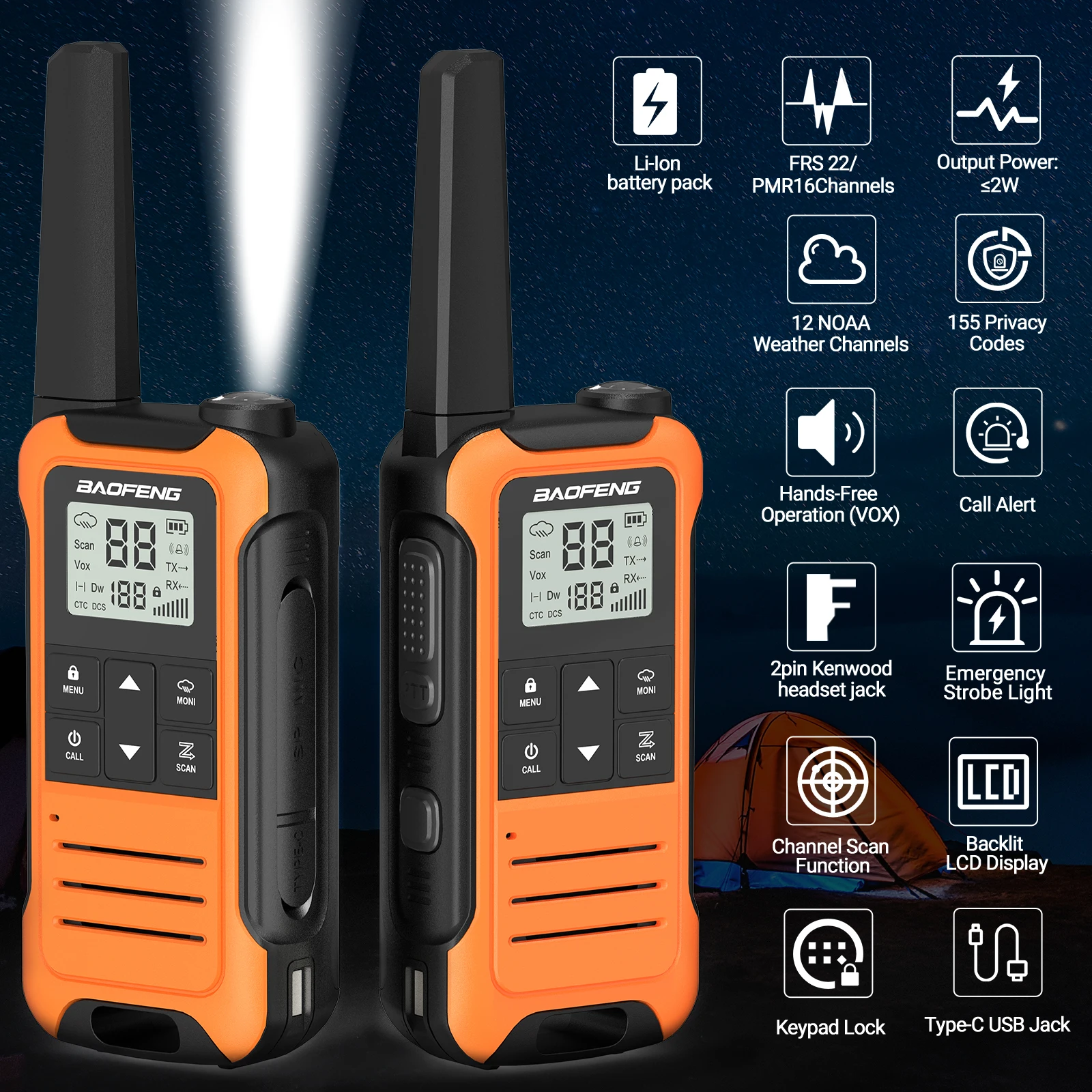 2 uds Baofeng F22 Mini Walkie Talkie PMR FRS de largo alcance recargable portátil niños Radio bidireccional tipo C cargador para viaje de Camping - imagen 5