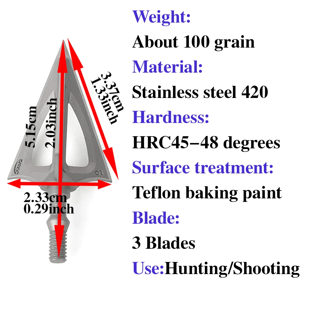 Punta de flecha de hoja de acero inoxidable, puntas de flecha de 100 granos, arco de punta ancha para caza, tiro con arco, accesorios para objetivo, 12 Uds. - imagen 3