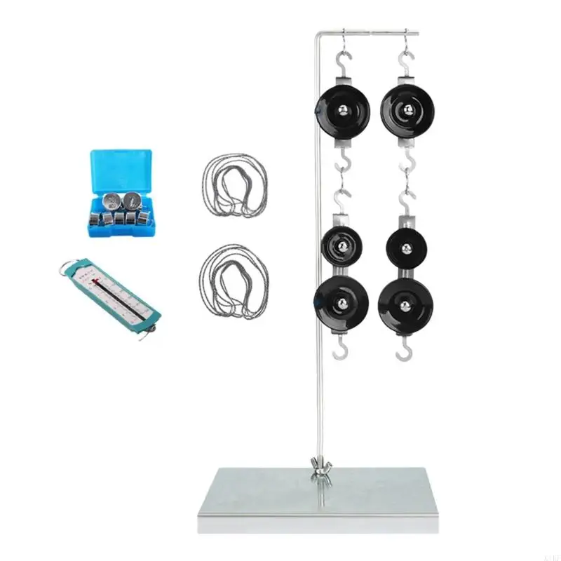Conjunto experimentos física con sistemas poleas, ganchos soporte y báscula resorte para aprender principios en - imagen 2