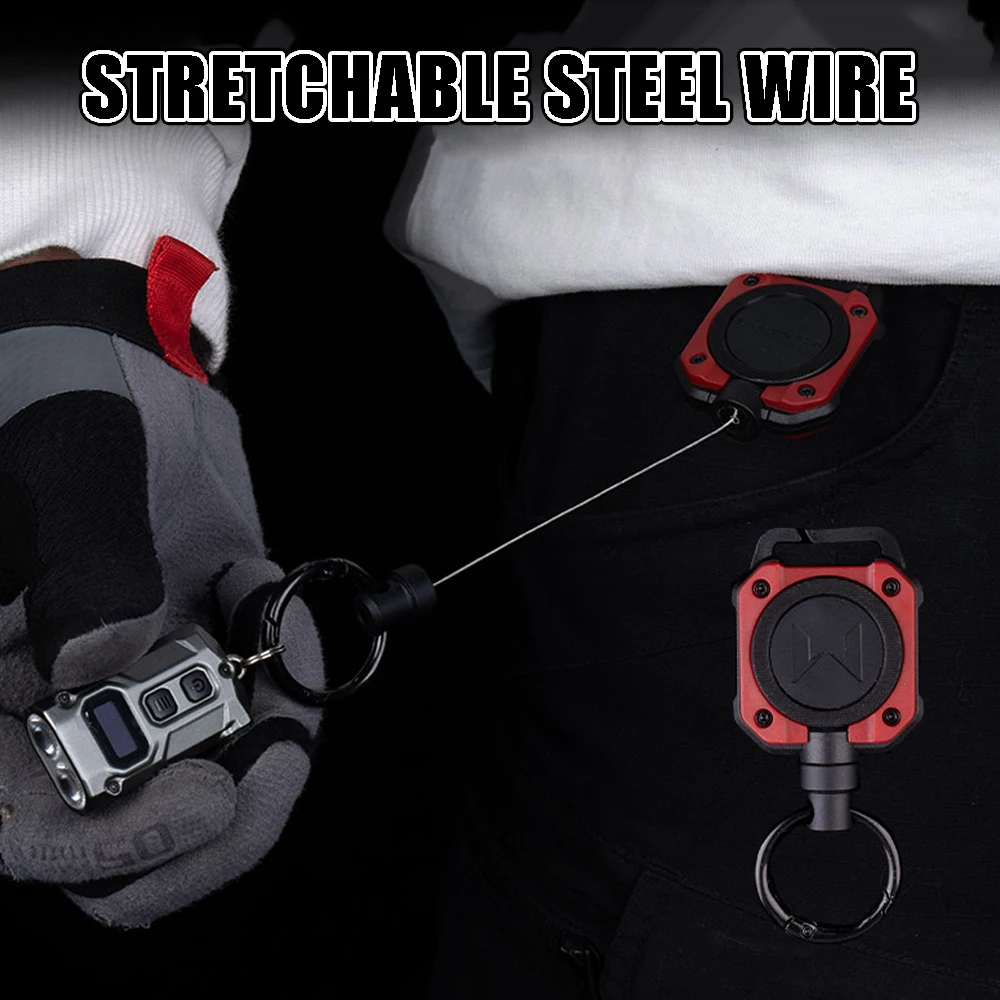 Llavero retráctil antipérdida, carrete de tarjeta de identificación táctica con cordón de acero recubierto de 28 pulgadas, equipo táctico Molle, herramientas de pesca - imagen 3