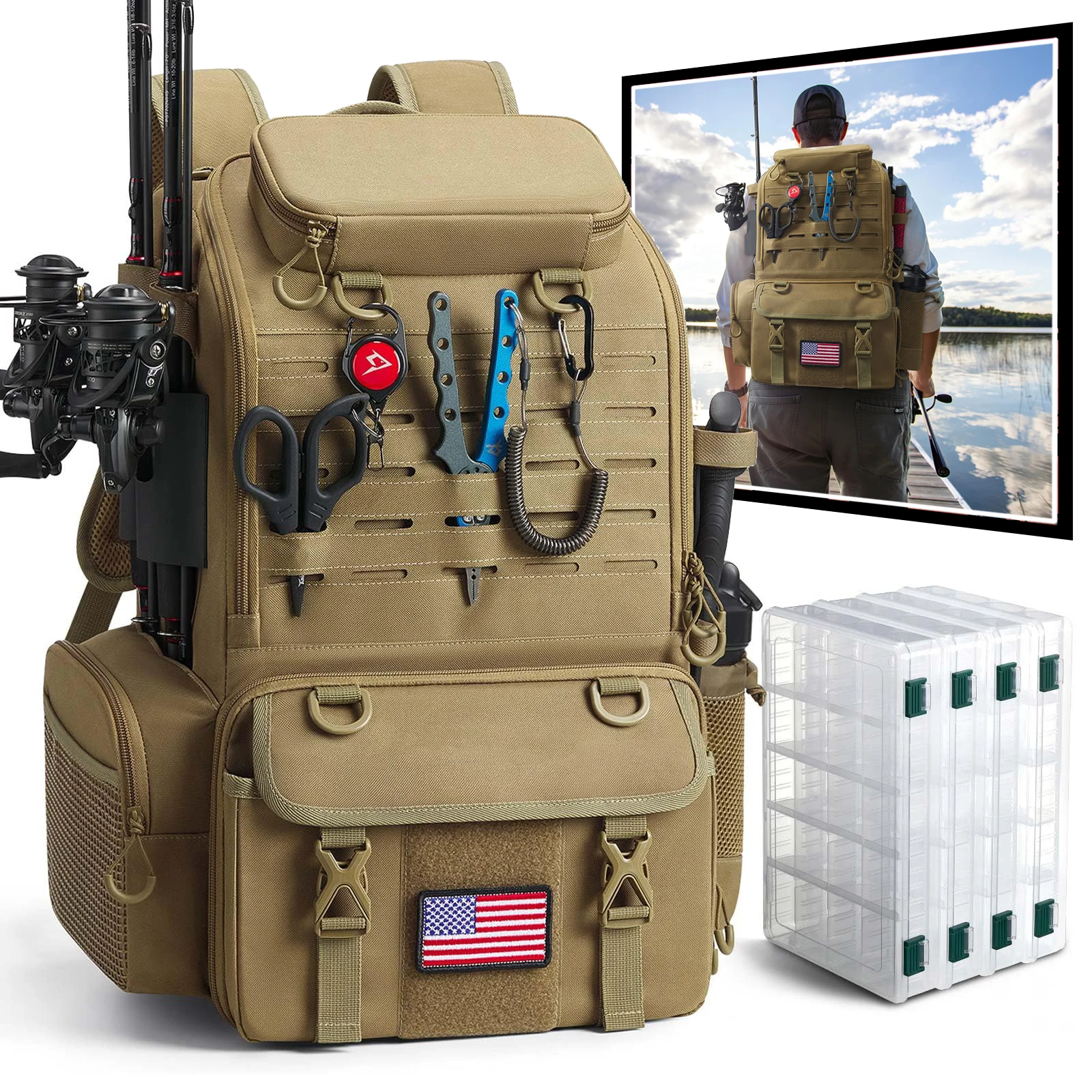 52L Fishing Tackle Backpack with Rod Holders & 4 Tackle Boxes, Large Tackle Bag for Gear Storage with Rain Cover