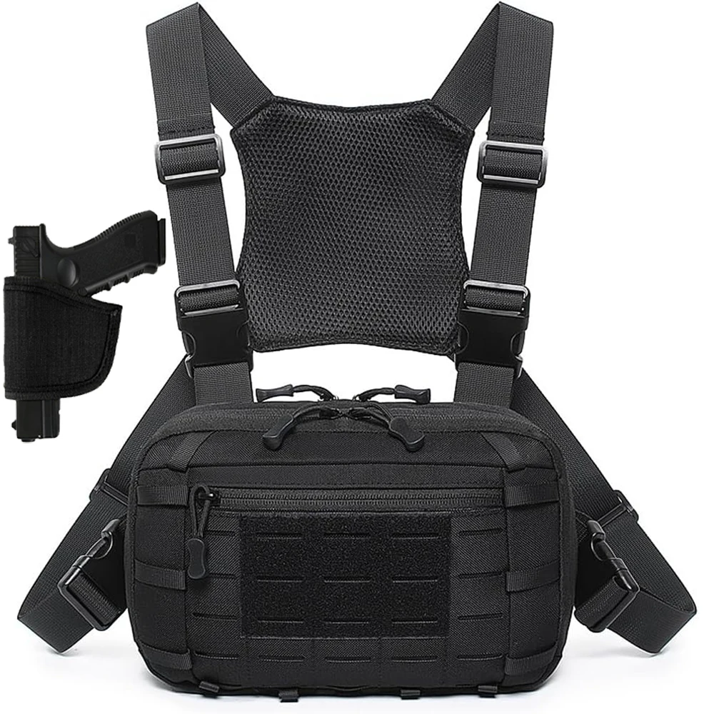 Bolsa de aparejo de pecho táctico con funda para pistola, paquete de pecho de caza, bolsa de administrador Molle, bolsa de pecho EDC de utilidad, bolsa de pistola, correa ajustable