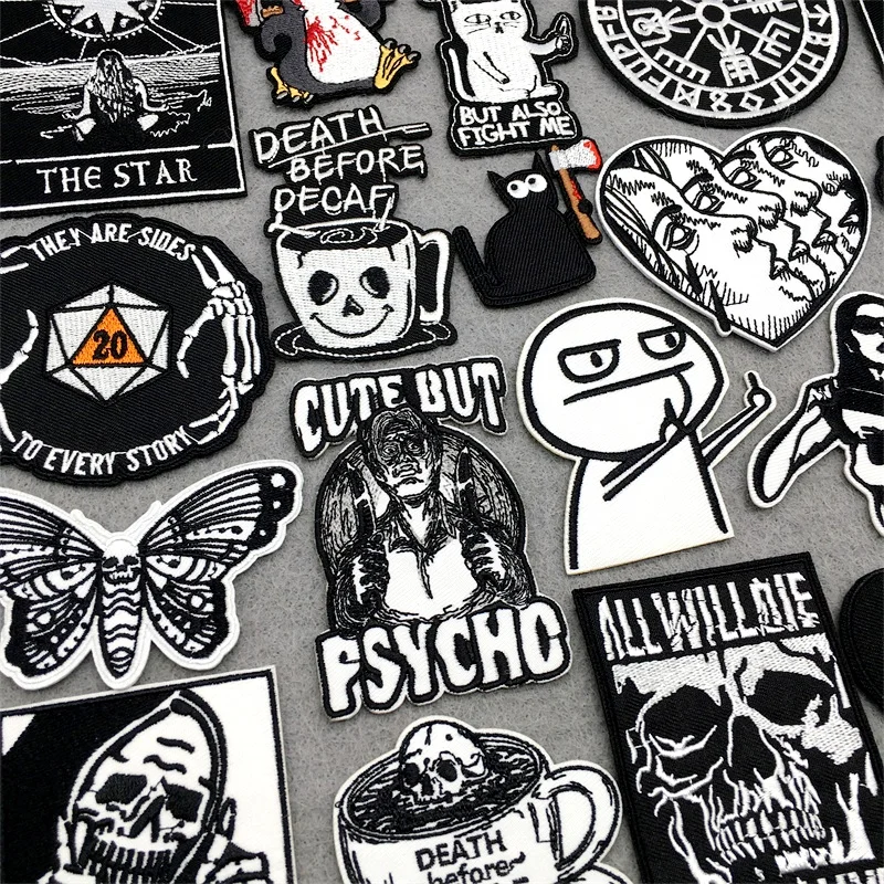 Parches blancos y negros para ropa, parches bordados DIY para planchar, para ropa, chaqueta, pantalones vaqueros, pegatinas, apliques Punk