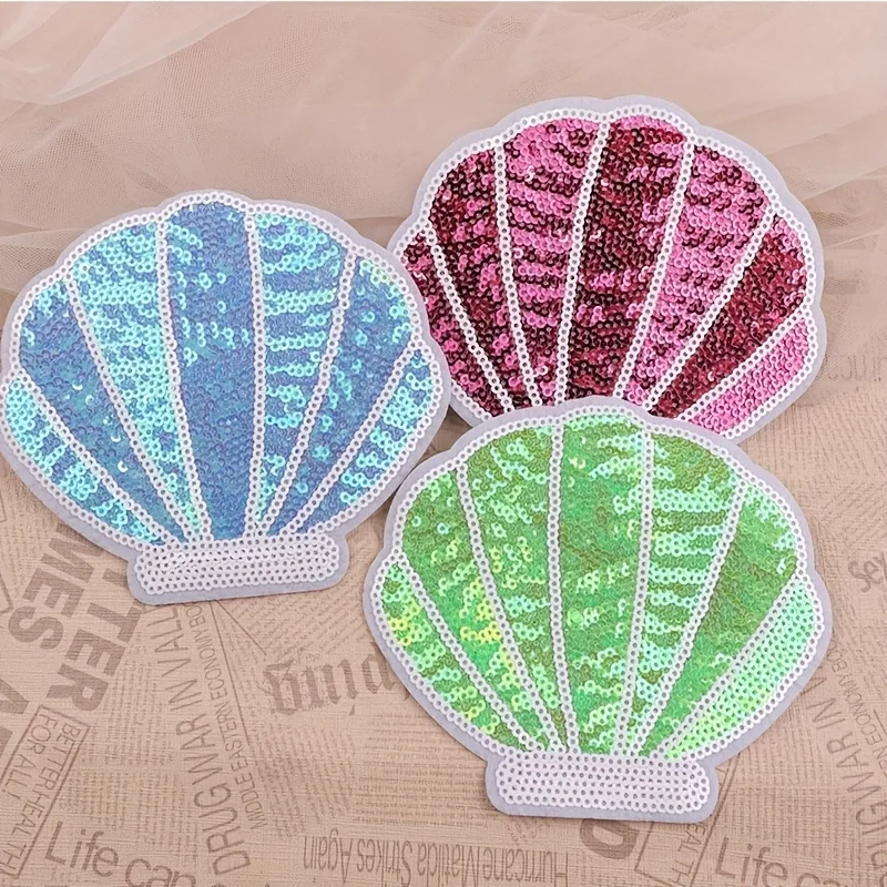 1-5 unids/lote parche de lentejuelas de dibujos animados de concha de lentejuelas parches bordados planchar en parches para ropa Jeans sombreros bolsos coser decorar DIY - imagen 2