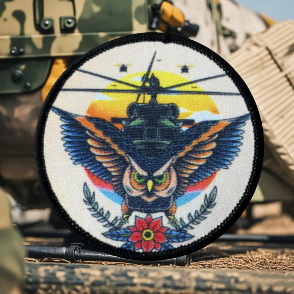 Parche táctico "búho y helicóptero", estampado divertido, gancho y bucle, insignia de moral militar, brazalete, pegatinas para mochila Chevron