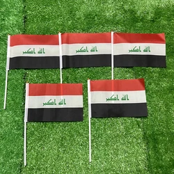 Bandera del cielo bandera de mano de Irak 14*21cm 10/20/50/100 Uds poliéster bandera pequeña ondulada de mano de Irak con asta de bandera de plástico para decoración