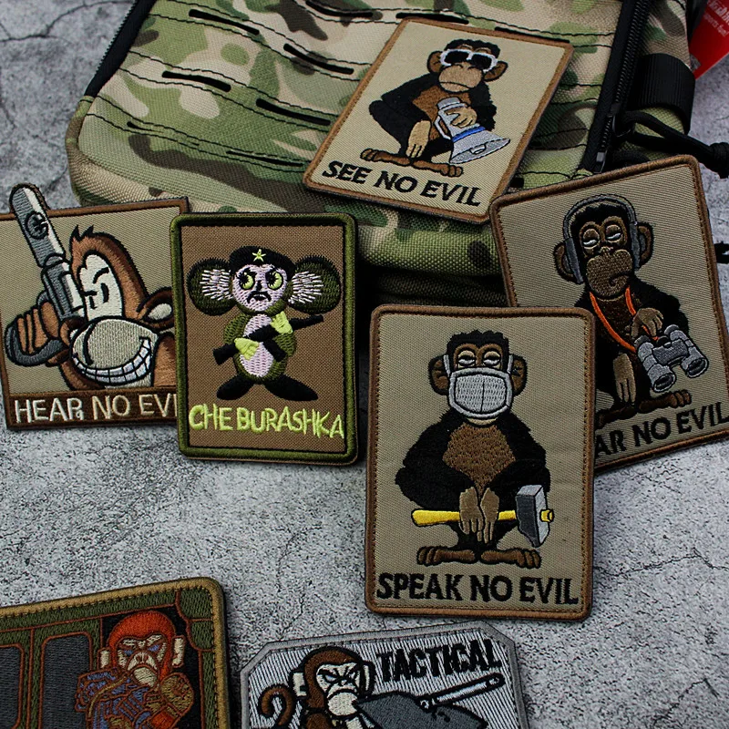 Aamband-etiqueta de mochila con bordado 3D, parche personalizado, diseño creativo, moral táctica, Mono, no se ve, no se escucha, no habla, brazalete - imagen 5