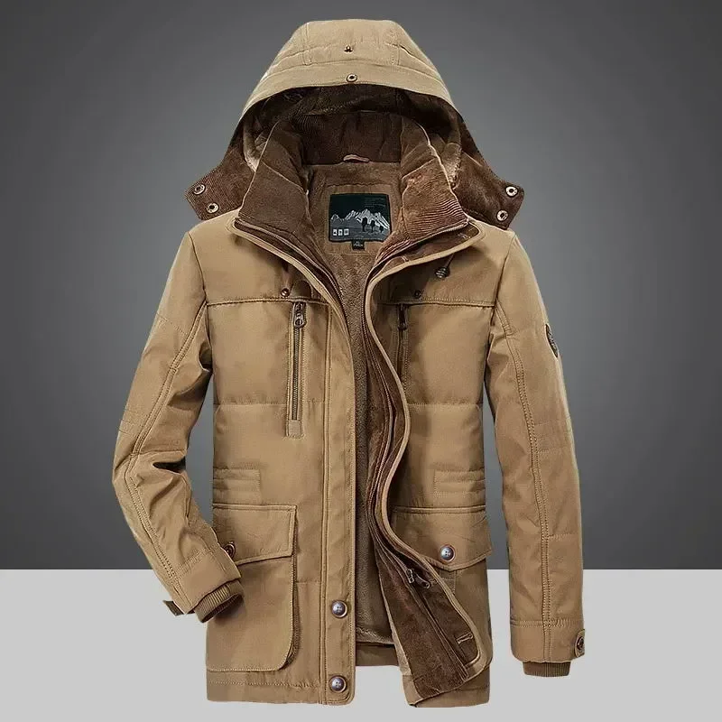 Chaquetas de invierno para hombre, chaqueta cálida de lana gruesa de terciopelo con múltiples bolsillos, abrigos con capucha para hombre, Parkas militares de talla grande 5XL 6XL - imagen 3