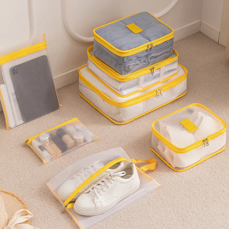 Juego de 7 Uds de bolsas visibles de almacenamiento organizador de viaje, conjunto de cubos de embalaje para maletas, fundas portátiles para equipaje, ropa, bolsa para ordenar zapatos plegable - imagen 4