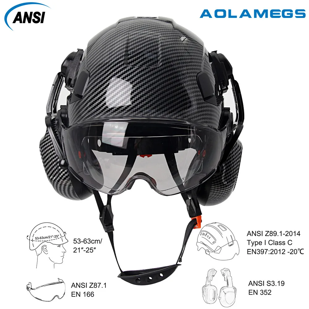 Casco de seguridad de fibra de carbono CE con orejeras, gafas dobles, casco duro de construcción ABS para ingeniero, gorra de trabajo de alta calidad ANSI - imagen 3
