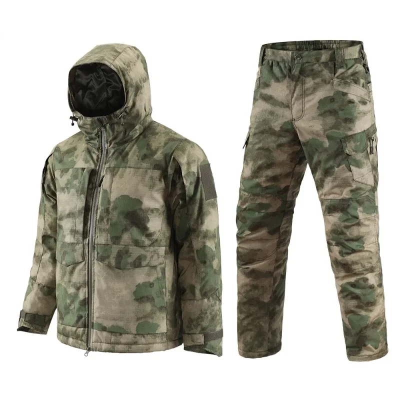 Conjunto de 2 piezas de forro polar impermeable y a prueba de viento para hombre, capucha, múltiples bolsillos, cremallera, chaqueta resistente al desgaste, pantalones de ciclismo al aire libre, Invierno - imagen 4