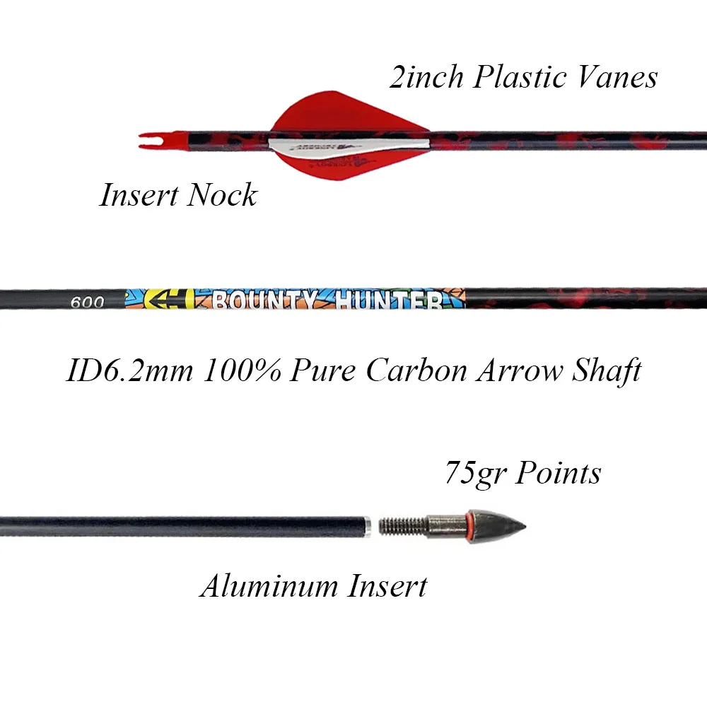 Flecha de carbono puro para tiro con arco, Spine300-800 de 30/32 pulgadas y 6,2mm con paletas de plástico de 2 pulgadas para caza con arco compuesto/recupero, 12 Uds.