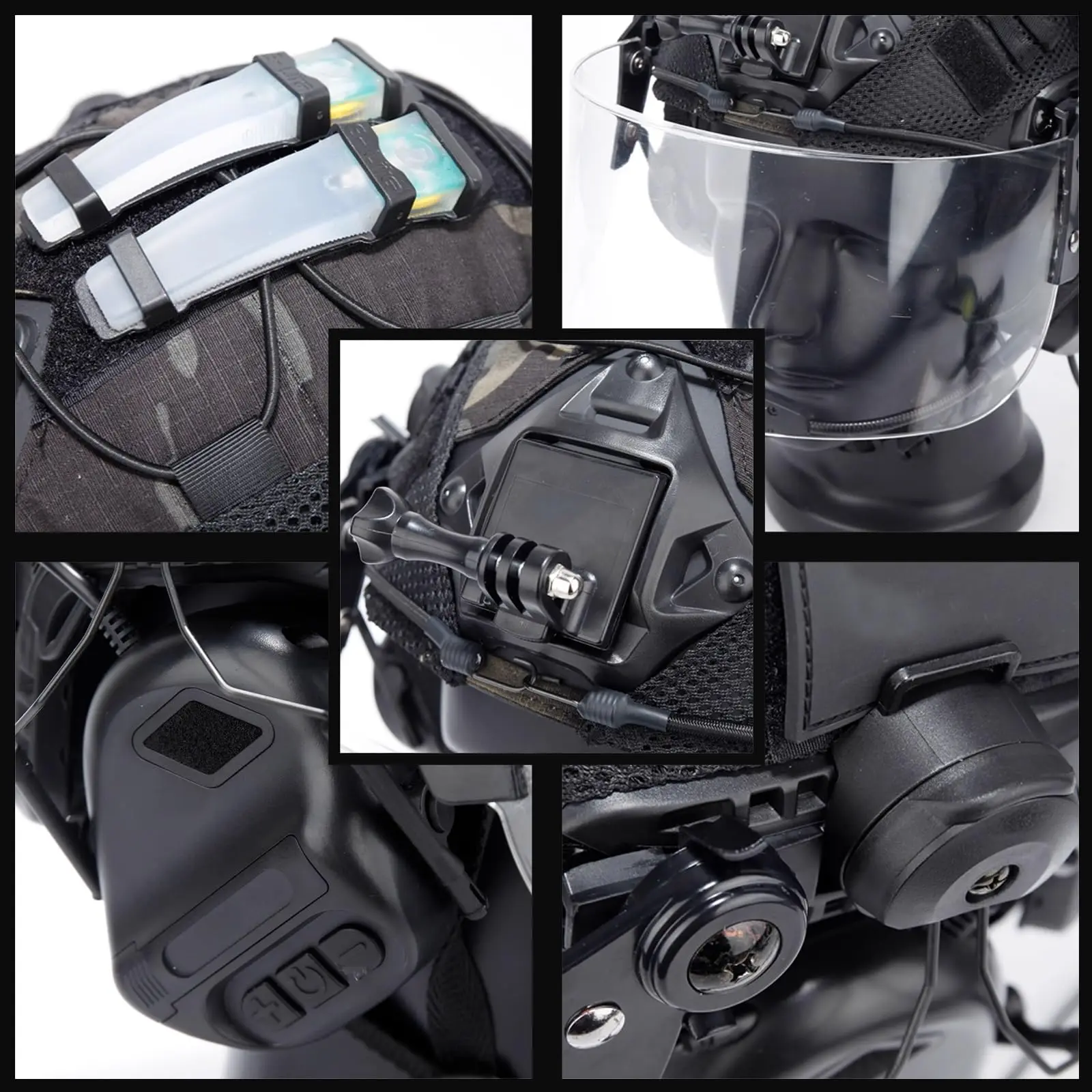 Juego de casco táctico 6 en 1 Airsoft rápido con auriculares, luz de señal, visera de protección facial, Kit de casco de Paintball para caza al aire libre - imagen 4