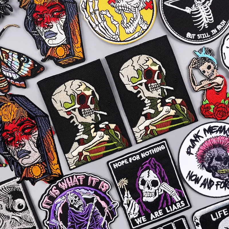 Parches bordados de calavera de terror para ropa, apliques de costura de chaqueta, parche bordado Rock Punk, parches de planchado para ropa DIY - imagen 2
