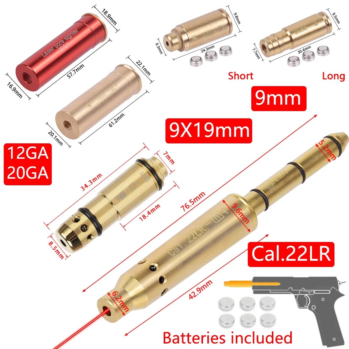 Mira láser roja táctica para entrenamiento, calibre de bala. 223/9mm/12GA/20GA/7,62/.45/.22LR, cartucho de latón para caza