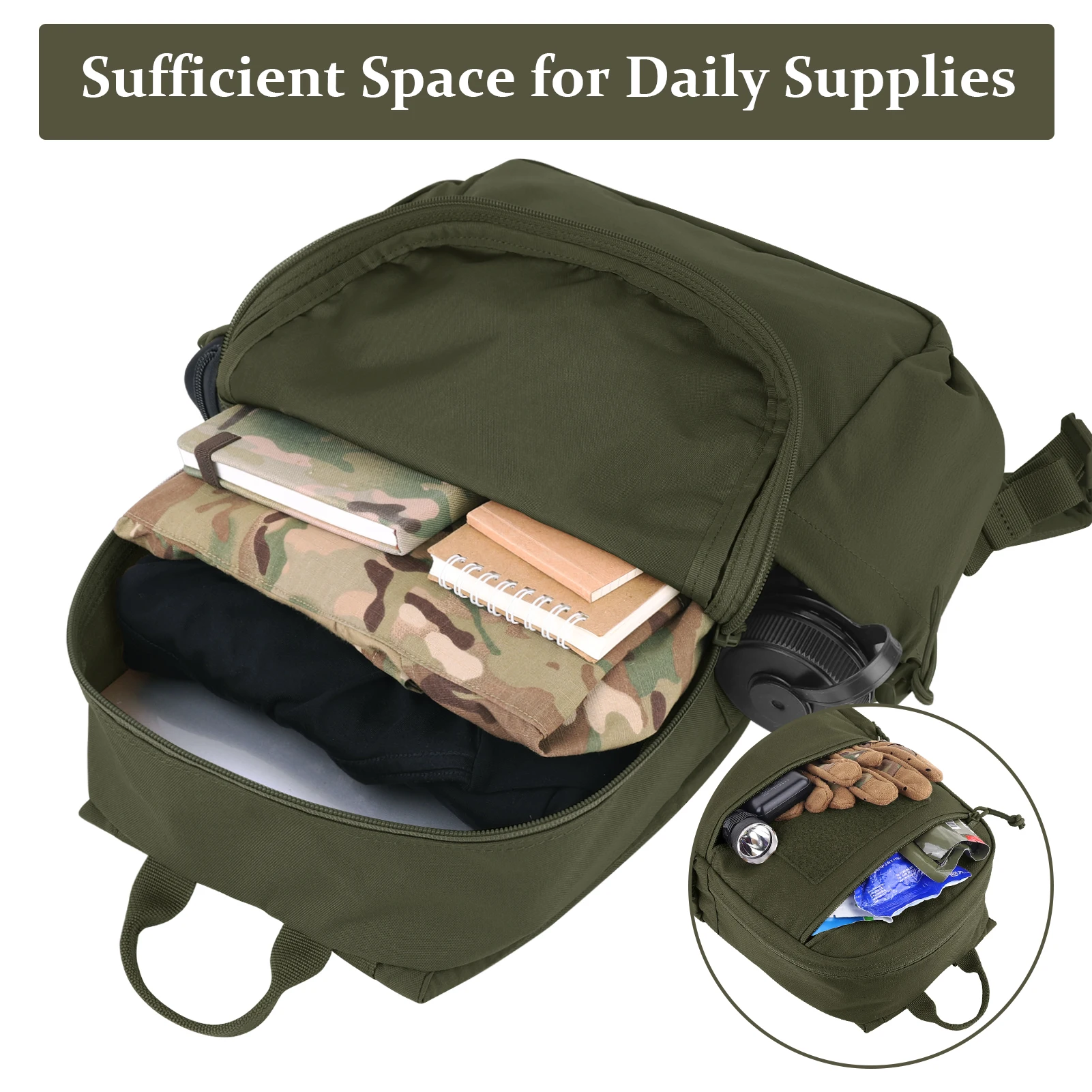 KRYDEX 14L Mochila táctica EDC para exteriores, bolsa de viaje, senderismo, deporte, caza, mochila ligera impermeable, Ranger Green - imagen 2