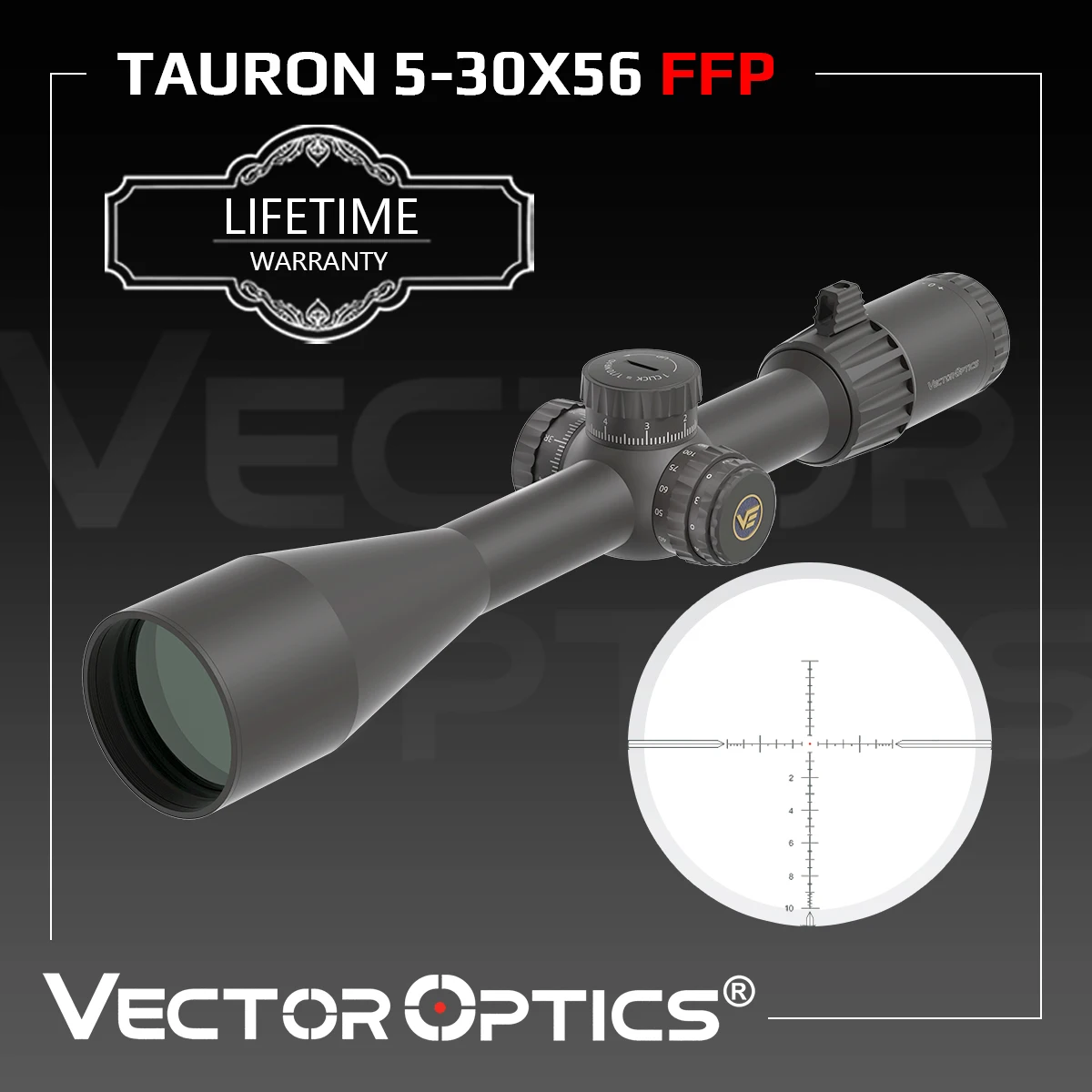 Mira Telescópica Vector Optics Tauron 5-30x56 FFP | Rango de Ajuste de 17.5 MIL | Bloqueo de Torreta y Parada en Cero | Para Caza y Táctica