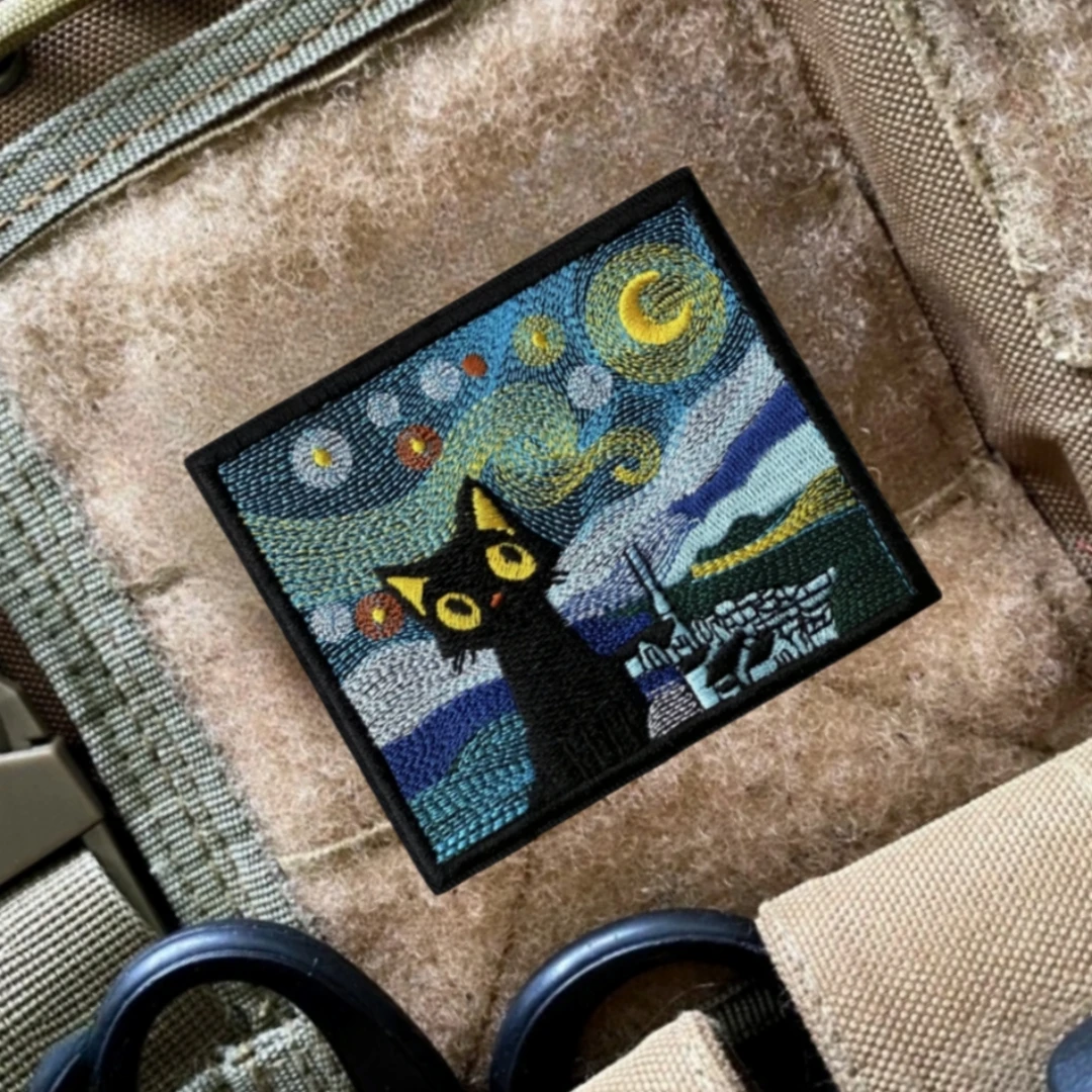 The Cat Under The Night Sky Funny Morale Badge Embroidered Patches for Clothing Tactical Military Hook & Loop Backpack Stickers