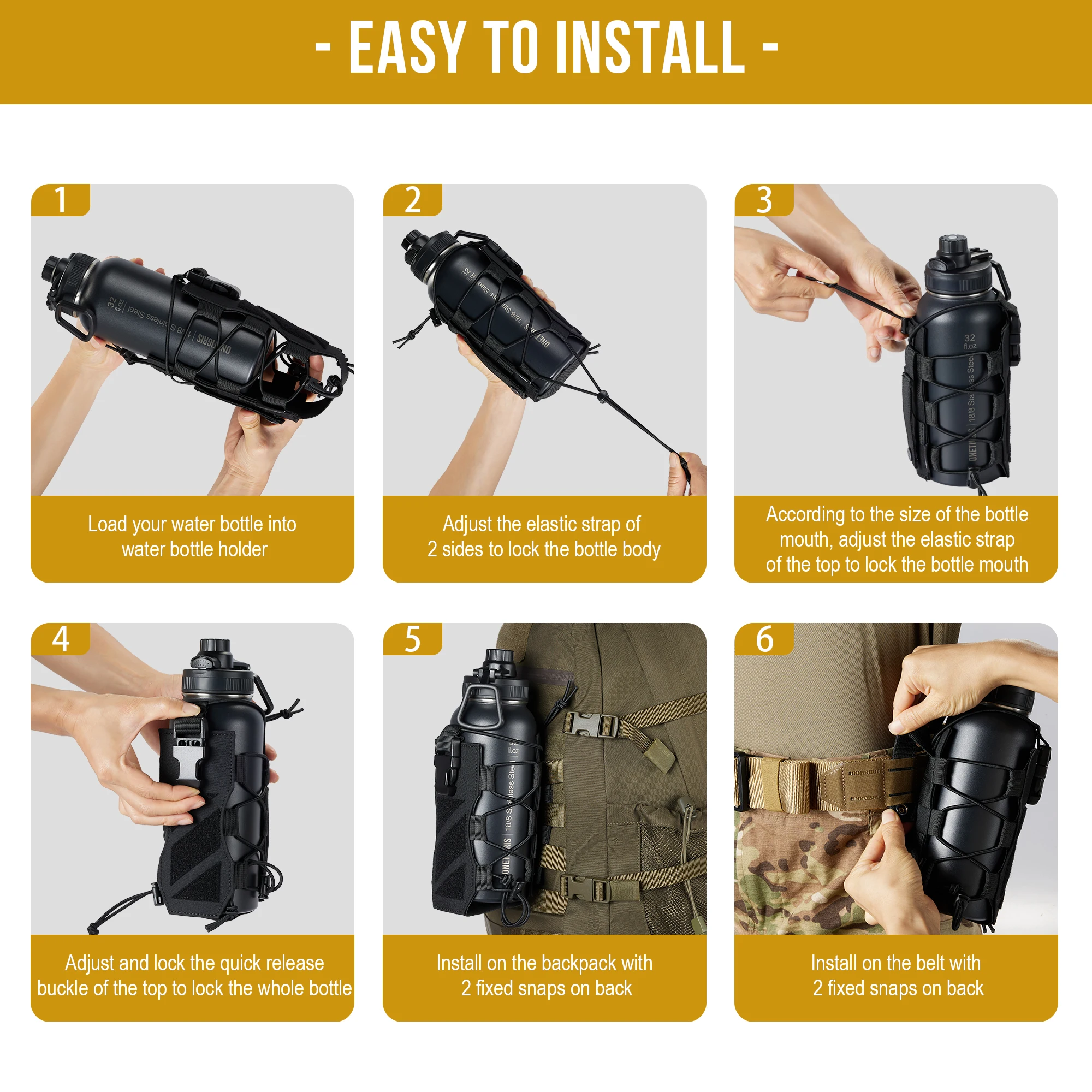 ONETIGRIS MOLLE Soporte para botella de agua, bolsa táctica para botella de agua de 32 oz, funda para botella de agua ajustable, bolsa para hervidor, botella con cinturón - imagen 5