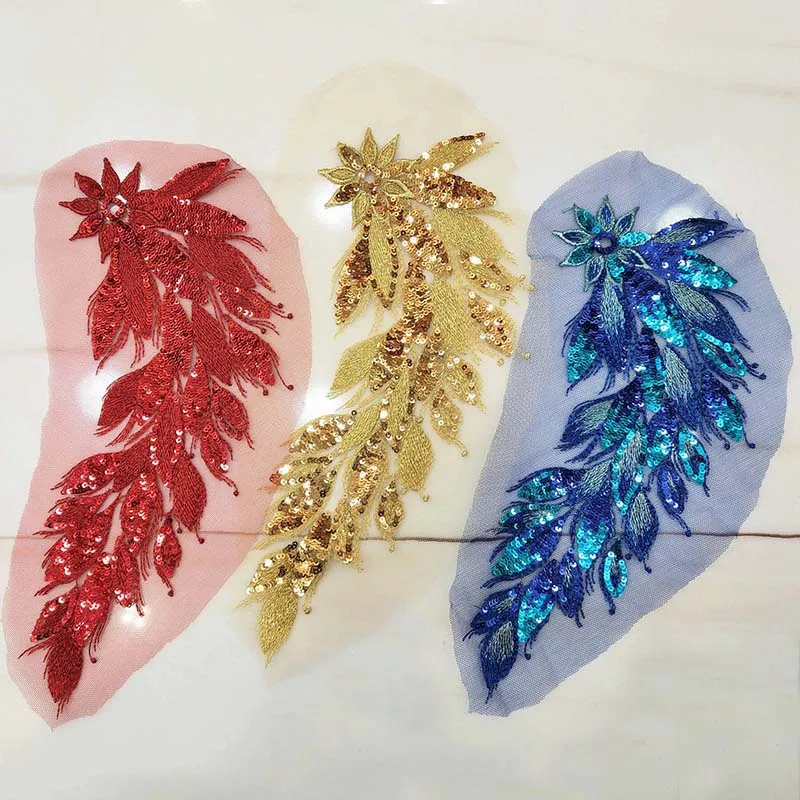 Apliques bordados de lentejuelas para vestidos de mujer, parches de encaje recortados, decoraciones de boda, 32x12CM - imagen 3