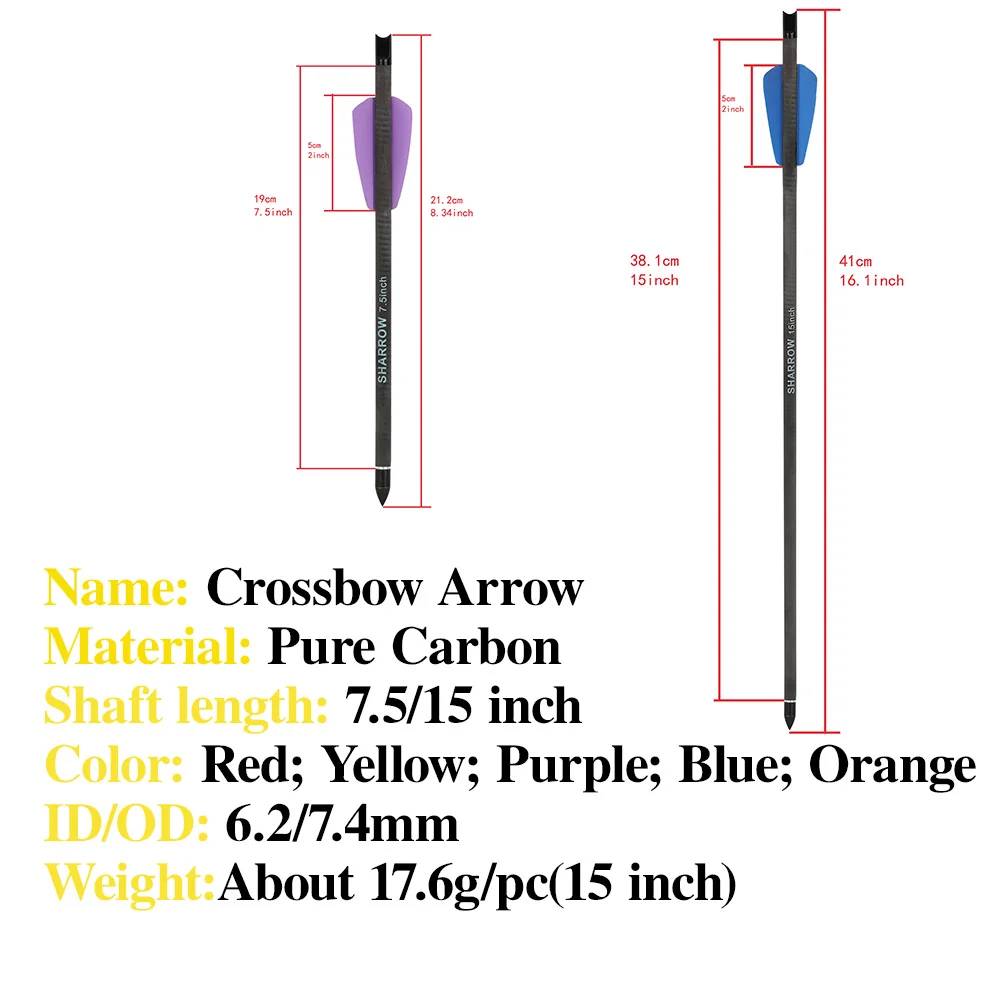 Flecha de ballesta de 7,5 "/15", tiro con arco ID6.2mm OD7.4mm, eje de carbono puro, tiro con arco, pernos de ballesta de caza, puntas de flecha de 100Gr, 6/12 unidades - imagen 2
