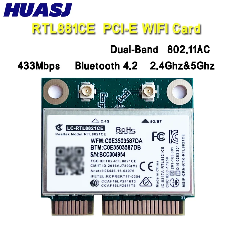 RTL8821CE 802.11AC para Bluetooth 4,2 433Mbps 2,4 Ghz/5Ghz tarjeta Mini PCIe WiFi de doble banda RTL8821 compatible con ordenador portátil/PC