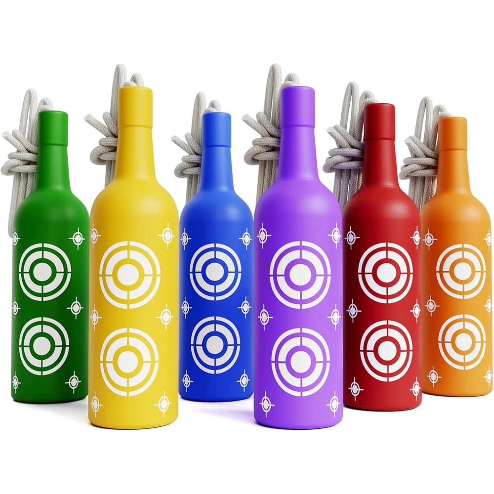 Paquete de 6 objetivos de tiro de botellas de plástico, objetivos colgantes coloridos con cuerda para tiro en el patio trasero, tiro en interiores y exteriores