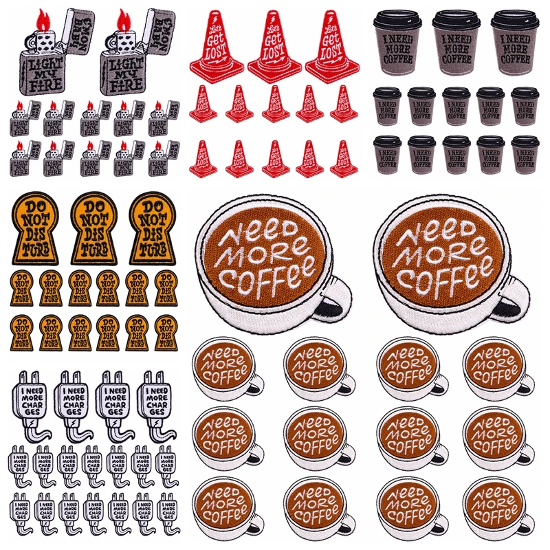 Parche de taza de café de 10 unids/lote, mechero bordado, parches para planchar para ropa, parches de dibujos animados en ropa, chaqueta, bricolaje