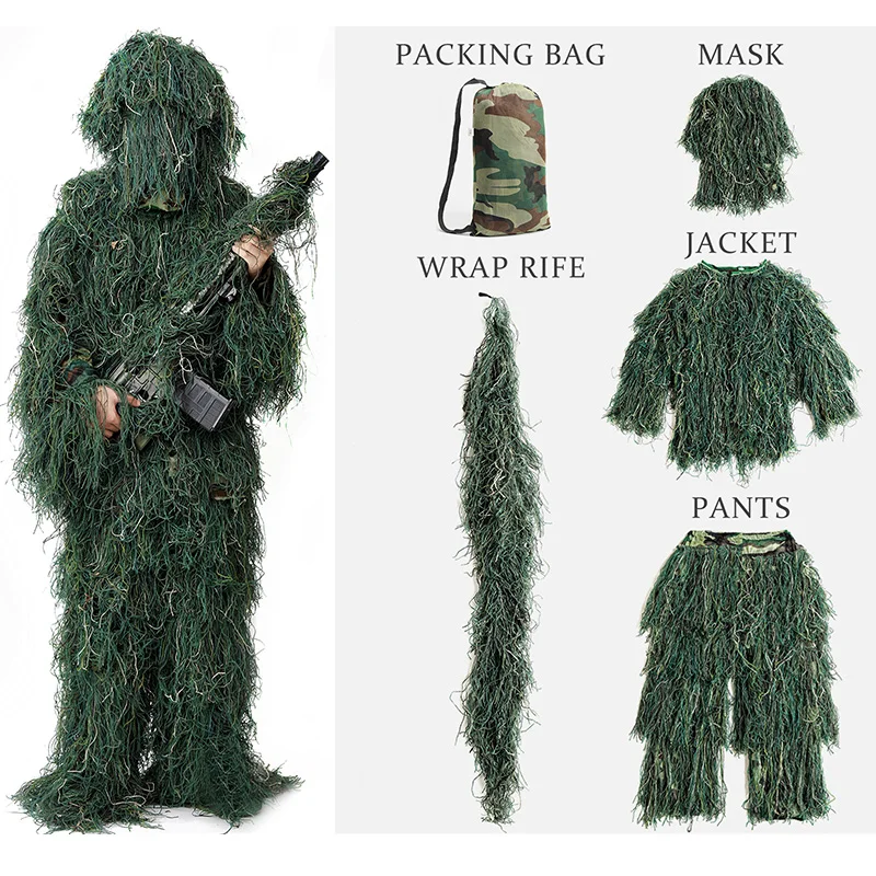 Trajes Ghillie de camuflaje para niños y hombres, traje táctico militar de la jungla del ejército, pantalones, sombreros, fundas, bolsas de almacenamiento, 5 uds. - imagen 3