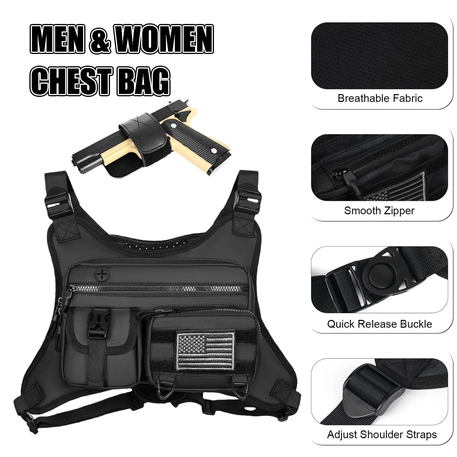 Bolsa de pecho para hombres y mujeres con funda de pistola extraíble, chaleco táctico EDC ajustable para correr, entrenamientos deportivos