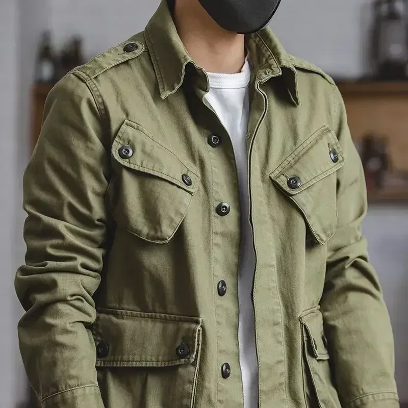 Chaqueta Bomber para hombre con múltiples bolsillos, chaqueta táctica militar de un solo pecho, cortavientos para primavera y otoño, abrigos Retro de manga larga lisos - imagen 3