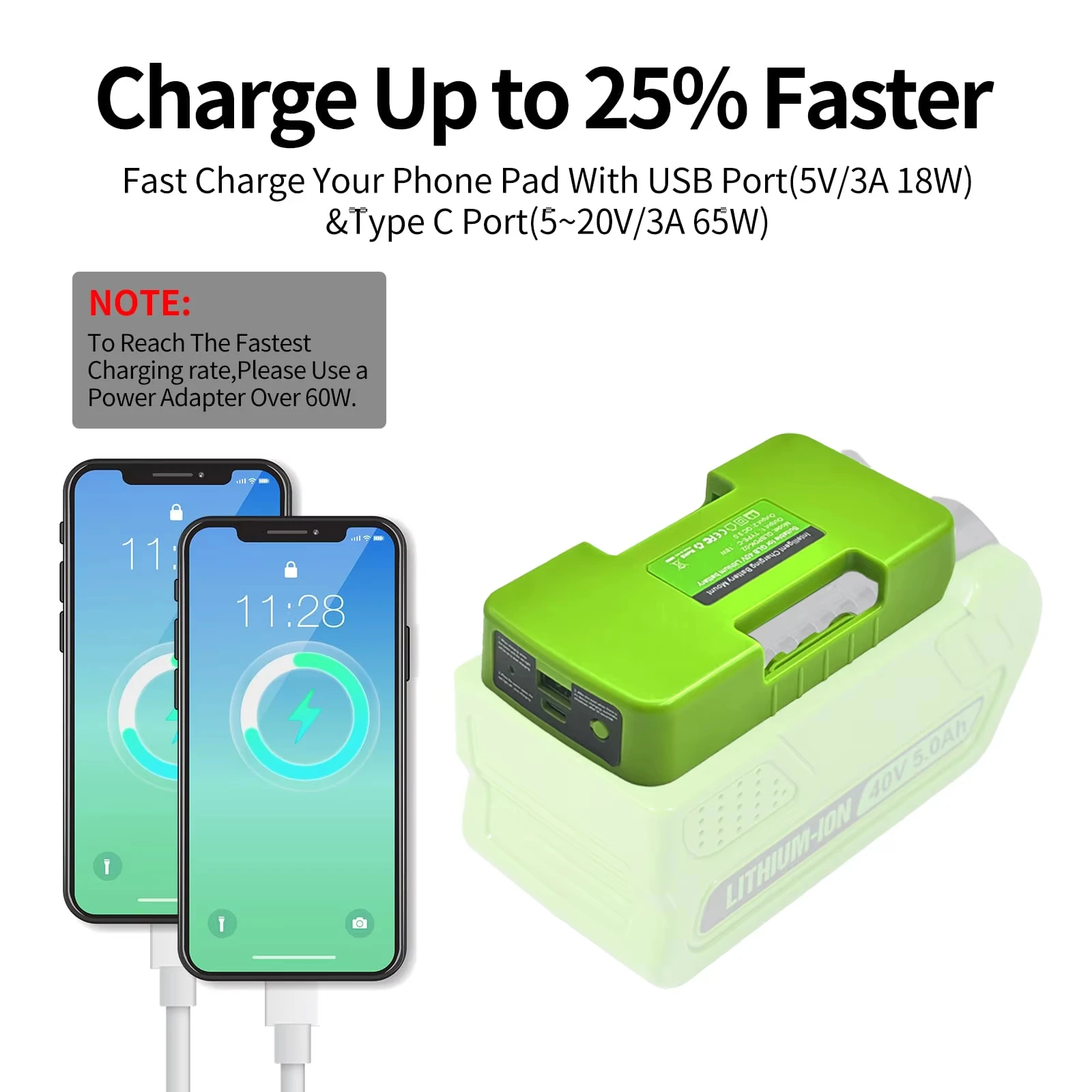 Adaptador de carga rápida con hebilla de cinturón de batería para batería de iones de litio Makita/Ryobi/Greenworks de 40V con puertos tipo C y USB 3.0A - imagen 5