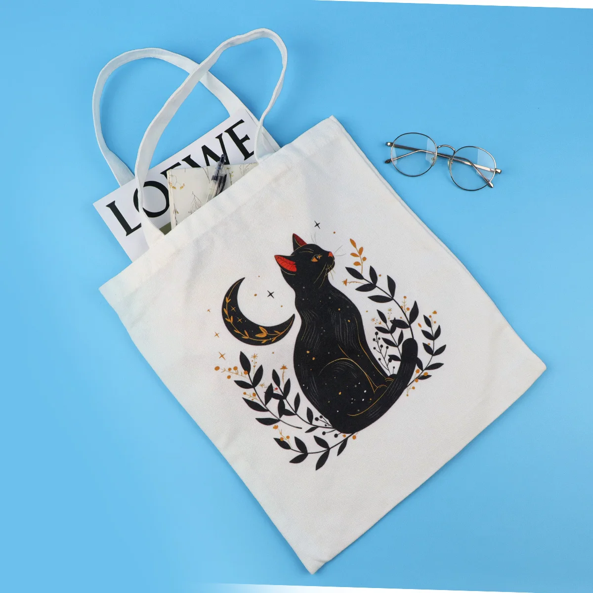 Bolso de mano de lona de gato negro, bolso de Luna Vintage, bolsas de compras para mujer, bolso de hombro de colegio plegable, bolsa de almacenamiento de moda - imagen 2