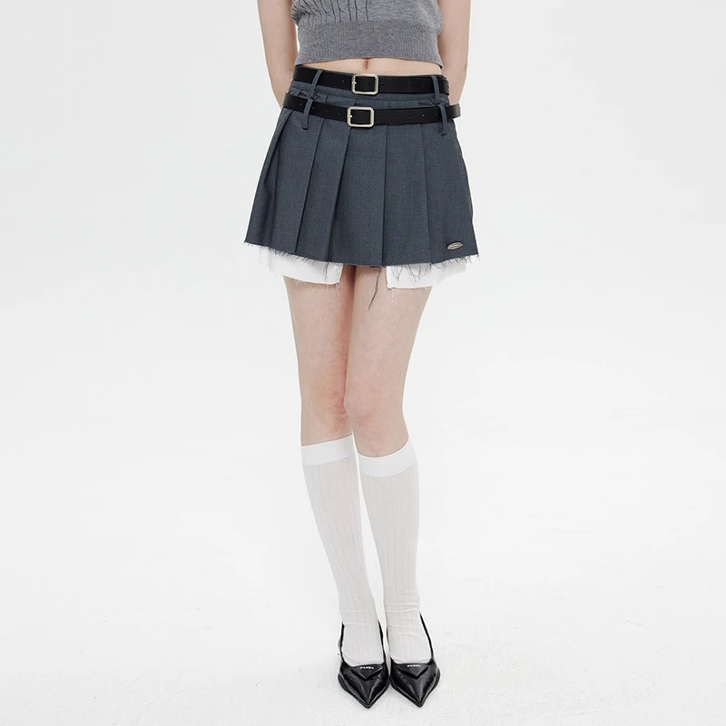 Falda plisada con cinturón doble para mujer, minifalda acampanada de cintura alta, informal, de alta calidad, ropa de calle Vintage - imagen 2