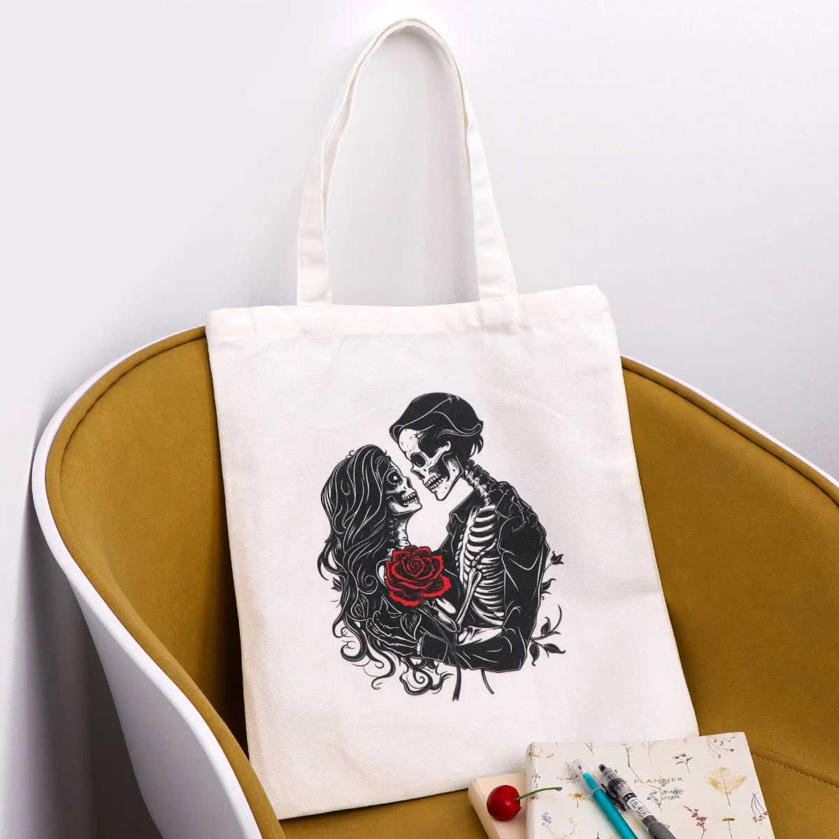 Bolso de mano con esqueleto, bolsos de hombro para mujer, bolso de compras Vintage, bolso de mano de lona informal de gran capacidad - imagen 4