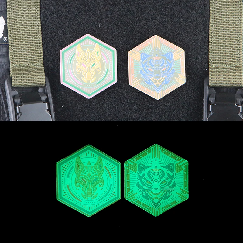 Parche de tigre de lobo luminoso con impresión UV, insignia táctica colorida de Animal feroz hexagonal para bolsa de ropa, decoración DIY con gancho