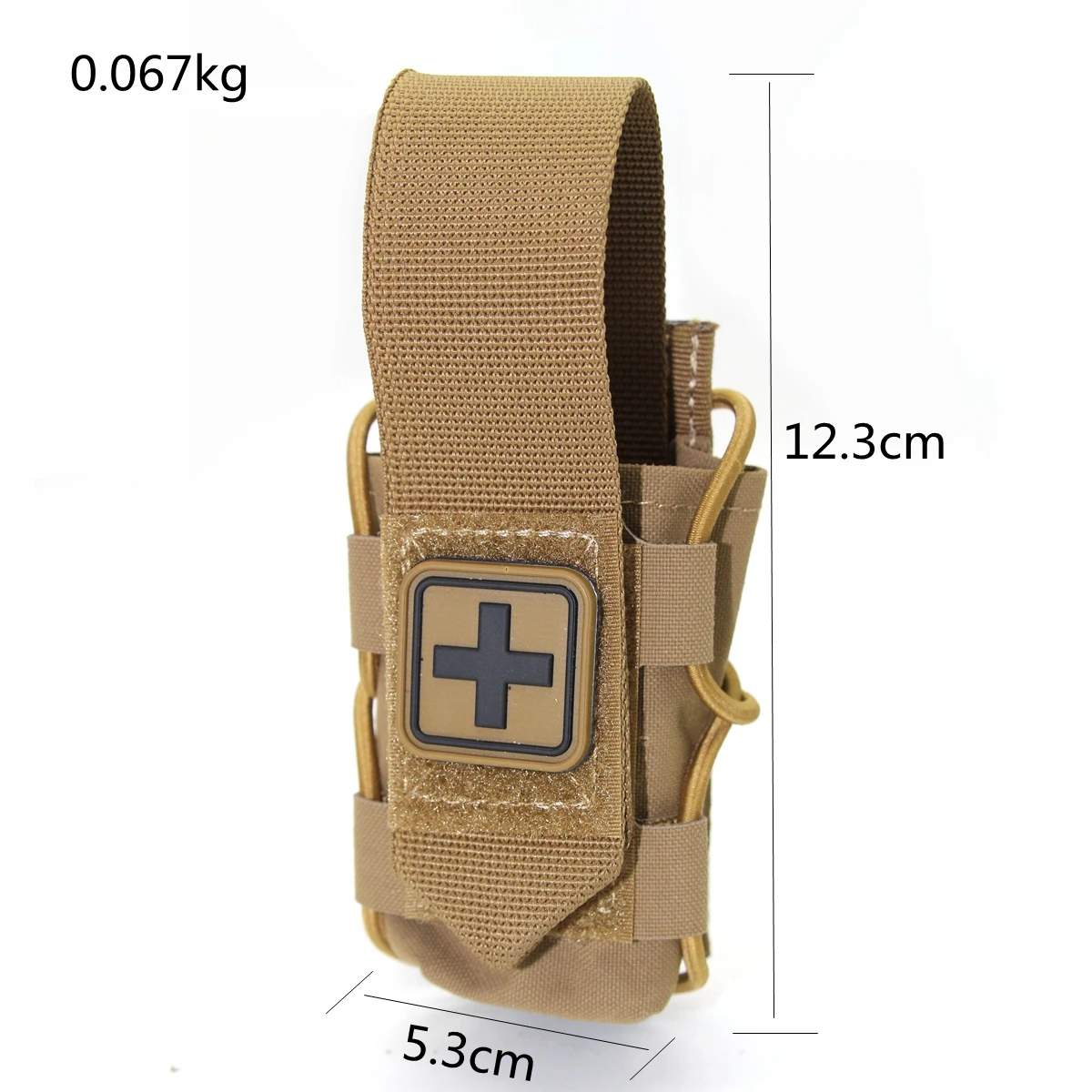 Vista frontal del juego de 3 piezas táctico médico con soporte MOLLE, torniquete y tijeras