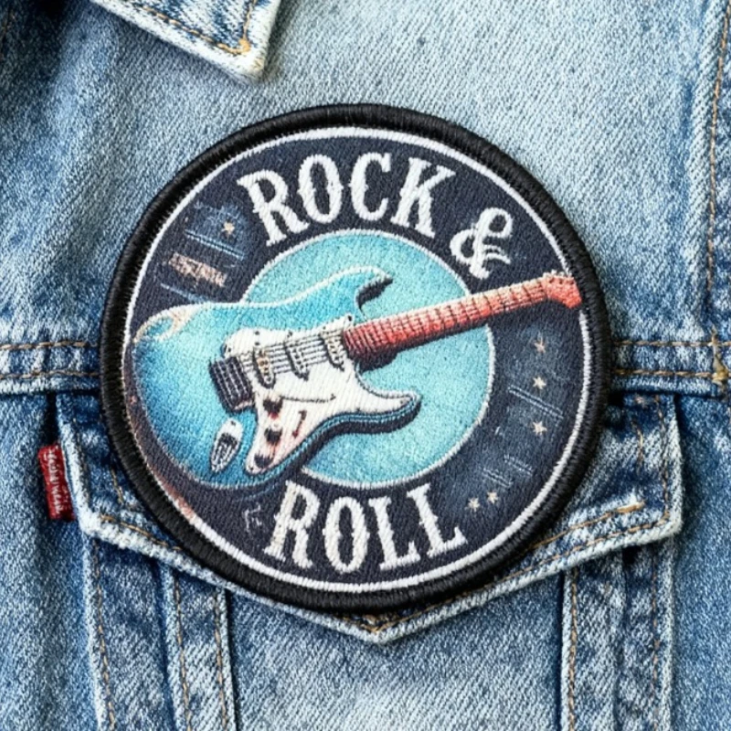 Parche táctico Rock & Roll para guitarra eléctrica, insignia de moral de tela redonda, parche de gancho y bucle para mochila, chaqueta, sombrero, decoración temática musical - imagen 5