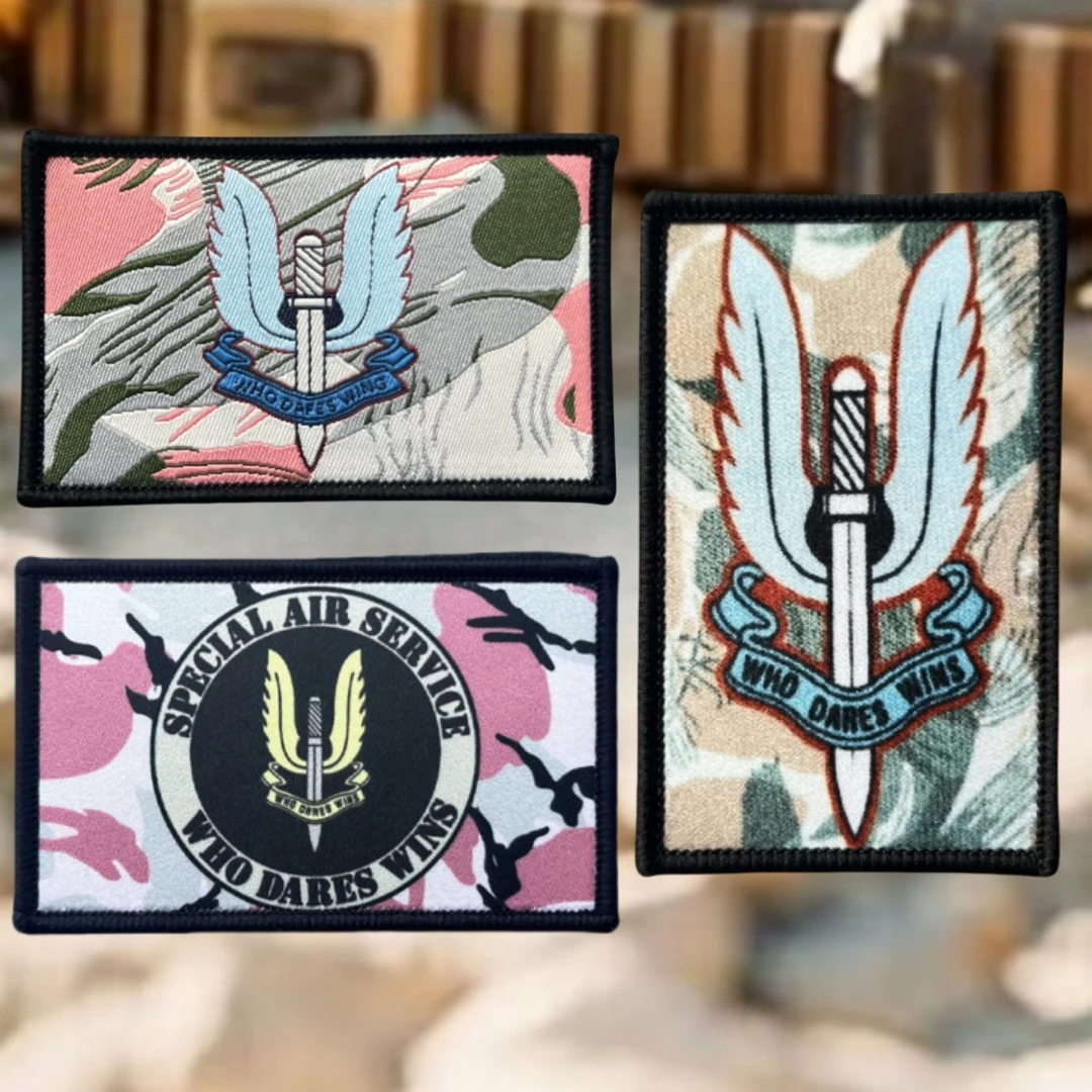 Insignia de moral táctica militar de camuflaje Rhodesian SAS Who Dares Wins, parches de gancho y bucle impresos, pegatina para mochila, ropa
