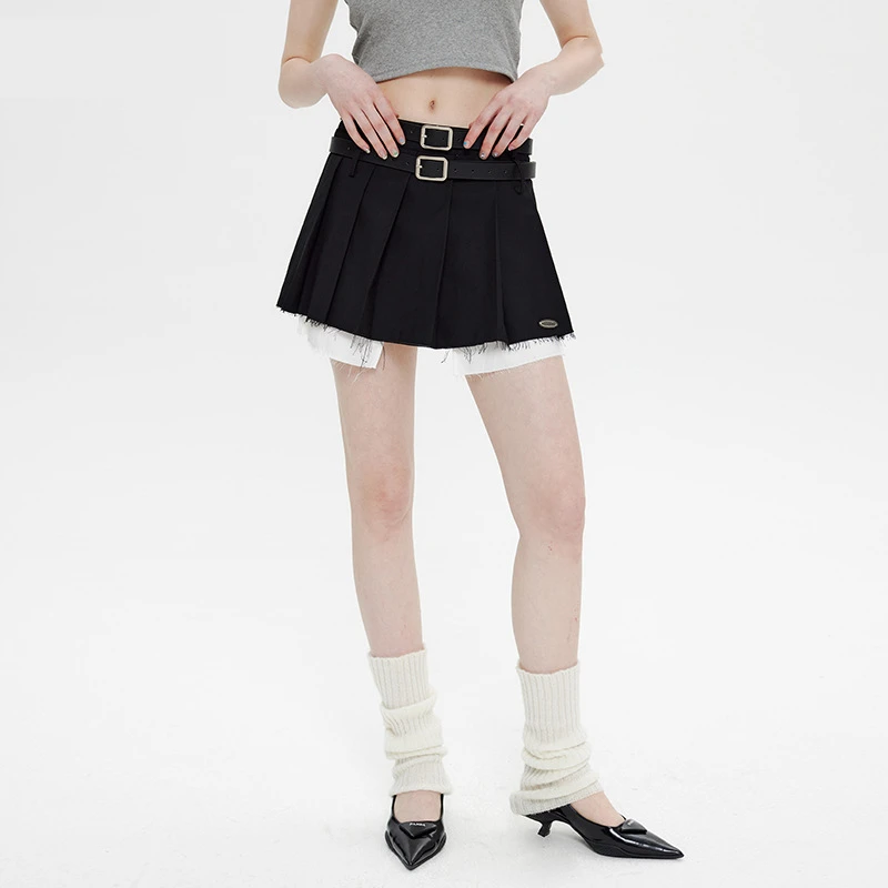 Falda plisada con cinturón doble para mujer, minifalda acampanada de cintura alta, informal, de alta calidad, ropa de calle Vintage - imagen 3
