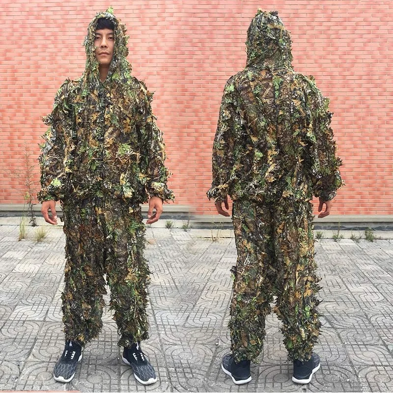 Hombres Mujeres Niños Traje Ghillie al aire libre Ropa de camuflaje Jungle CS Entrenamiento Francotirador Hojas biónicas Ropa Traje de caza Pantalones Chaqueta con capucha - imagen 2