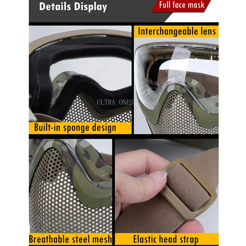 Máscara táctica de cara completa Paintball Airsoft tiro máscaras protección malla acero ropa para la cabeza caza transpirables con 3 lentes - imagen 5