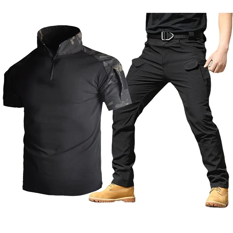 Conjuntos tácticos de verano para hombre, camisetas de manga corta transpirables y pantalones Cargo con múltiples bolsillos para exteriores, trajes de 2 piezas, conjunto de entrenamiento de camuflaje negro - imagen 3