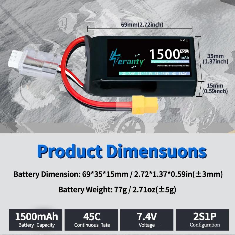 TERANTY Batería Lipo 1500mAh 45C XT30/XT60 T-Deans para Drones RC - imagen 2