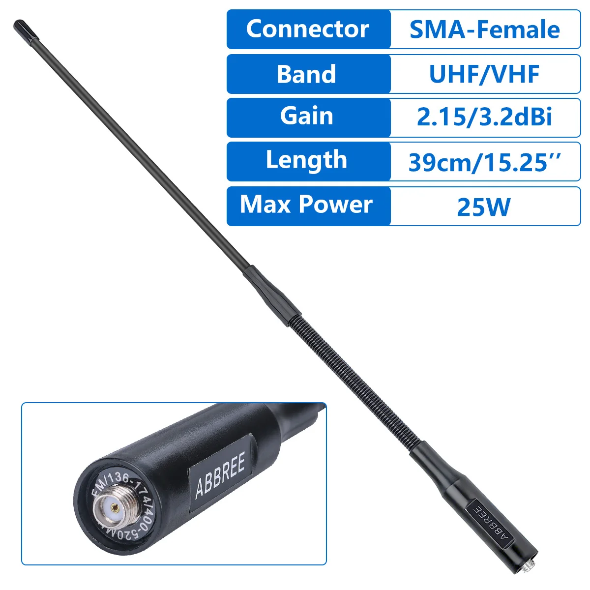 ABBREE AR-166 Walkie Talkie con cuello de cisne antena de alta ganancia UHF VHF SMA-hembra para Baofeng UV-5R Mini UV-21 PRO UV-32 Radio bidireccional - imagen 3