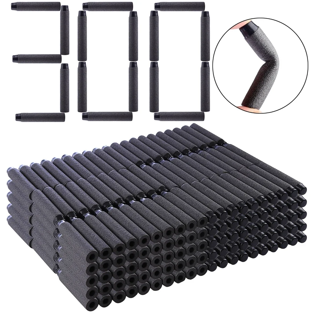 Balas blandas de piezas para pistola de juguete Nerf, balas blandas de Blaster, cabeza de agujero hueco suave, 1000x7,2 cm, color negro, 1,3