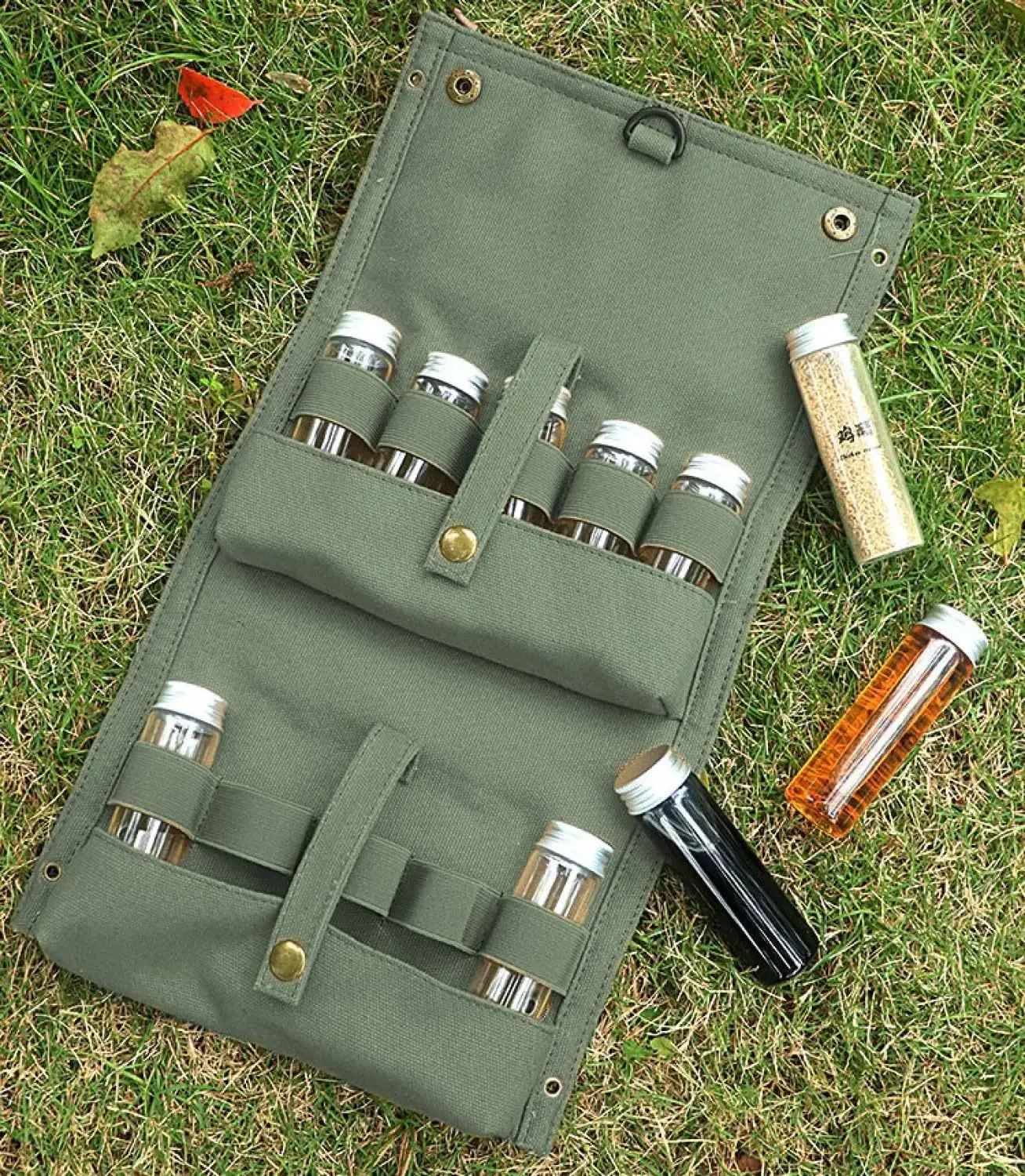 Bolsa de almacenamiento de condimentos de lona portátil y Kit de botella aromatizante con 10 tarros de especias para utensilios de cocina al aire libre - imagen 2