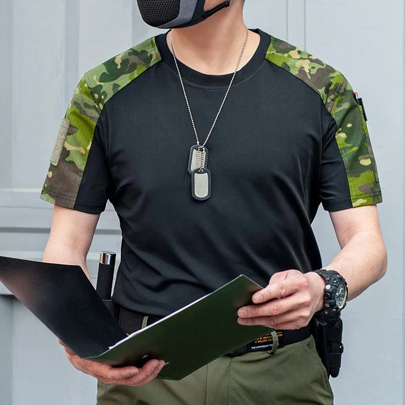 Camiseta táctica de cuello redondo para hombre, camisa de manga corta de secado rápido para exteriores, Color camuflaje, empalme de colisión, secado rápido - imagen 3