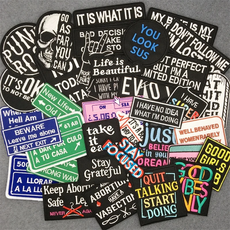 Parche bordado con eslogan de letras blancas y negras para ropa, insignia de planchado, etiquetas adhesivas para chaqueta, rayas, apliques de letras - imagen 2