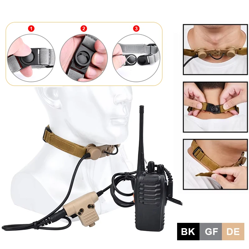 Micrófono Táctico de Garganta para Airsoft WADSN - Auricular para Caza, Compatible con Kenwood, BaoFeng, U94 con PTT, Micrófono de Cuello Portátil (Micrófono de Garganta)